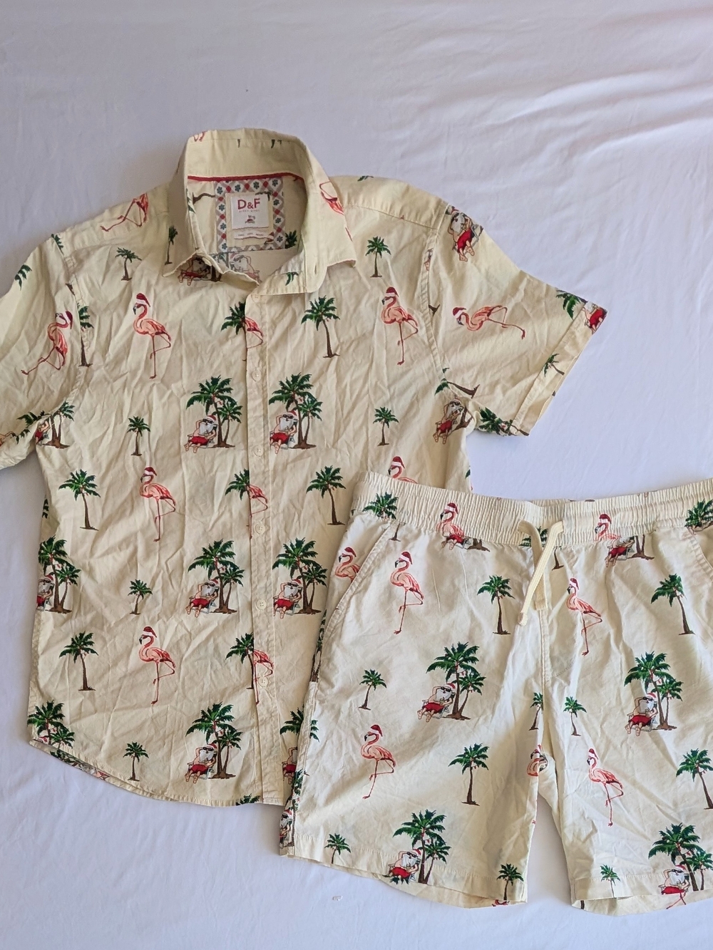 D&F Cream Santa Flamingo Palm Shirt & Shorts Set
